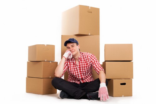 Office furniture and equipment prepared for a commercial move in West Kensington